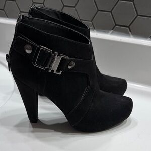 GUESS Black Suede High-Heel Ankle Boots with Buckle Accent